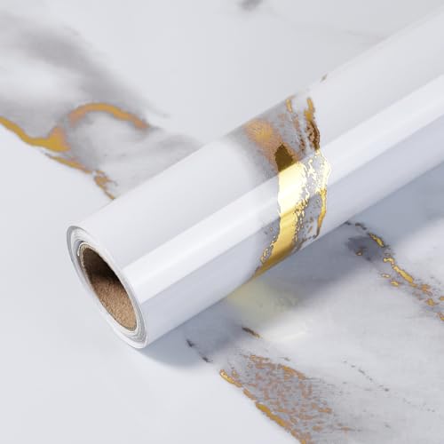 Yun-aeon Yunaeon Thick Marble Contact Paper for Countertops 236x 4724 White and Gold Glossy Peel and Stick Wallpaper SelfAdhesive Removable Countertops for Kitchen Bathroom Cabinets - Image 1