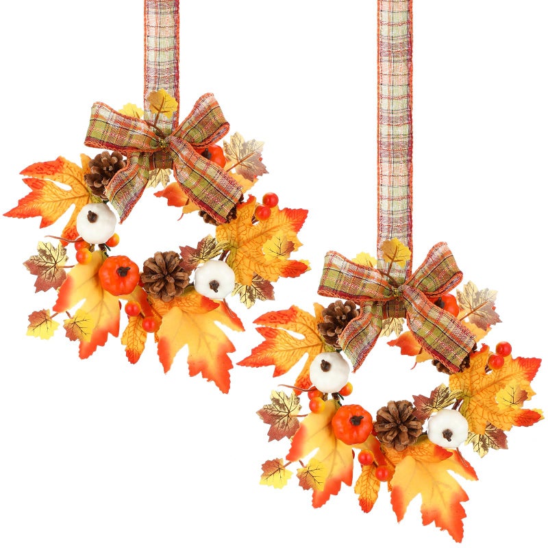 Syhood 2 Pieces 9 Mini Fall Wreath for Front Door Autumn Harvest Wreath Candle Rings Artificial Pumpkin Kitchen Cabinet Wreaths with Ribbon for Porch Wall Window DecorMaple Leave Style