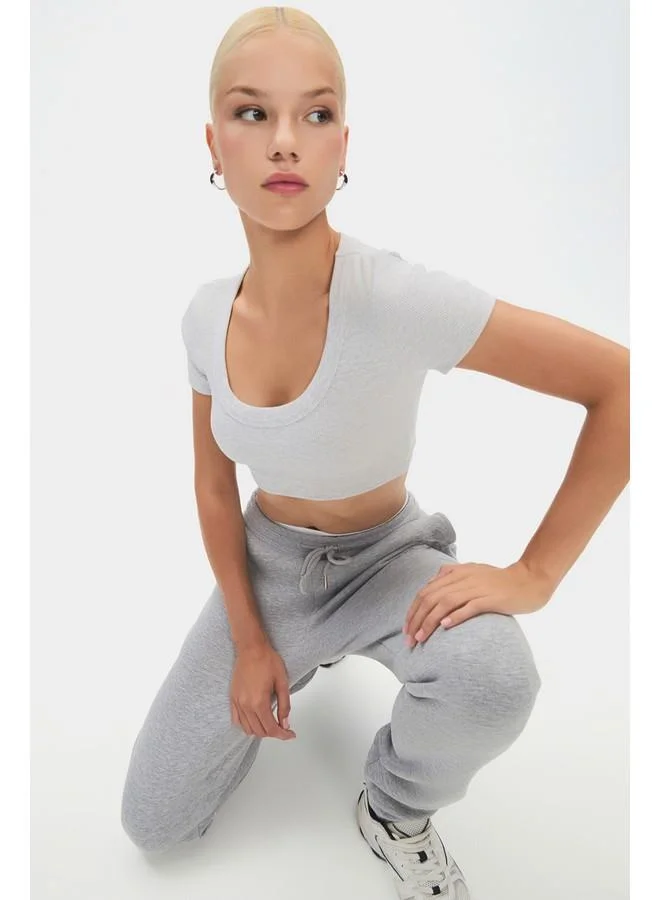 JUNE June Women Cotton Ribbed Crop Short Sleeve Tshirt Grey