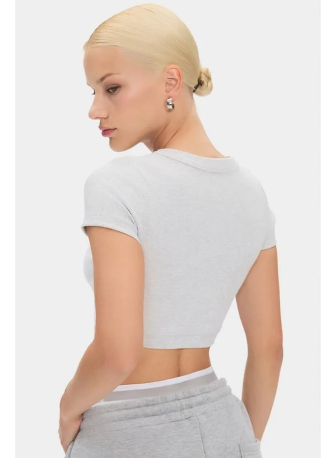 JUNE June Women Cotton Ribbed Crop Short Sleeve Tshirt Grey