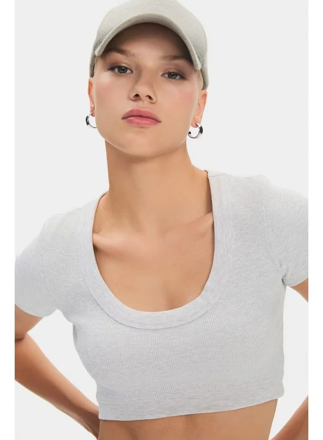 JUNE June Women Cotton Ribbed Crop Short Sleeve Tshirt Grey