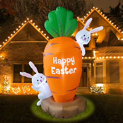 FUNPENY 5 Feet Inflatable Easter Day Decoration, Blow Up Carrot with 2 Little Cute Rabbits Lighted Decor for Indoor Outdoor Lawn Yard - Image 1