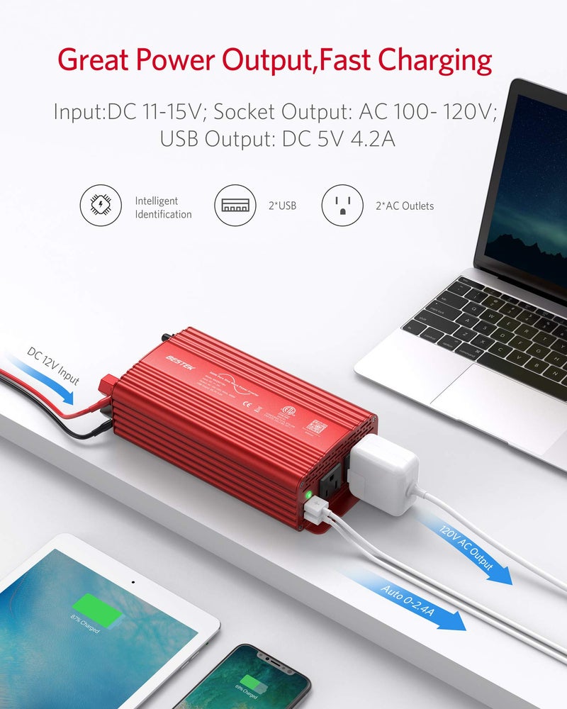 BESTEK 500W محول طاقة موجة جيبية نقية DC 12V إلى AC (2 مخرج) 110V شاحن سيارة قابس محول محول مع 4.2A منافذ شحن USB مزدوجة، مدرج في ETL - Image 3
