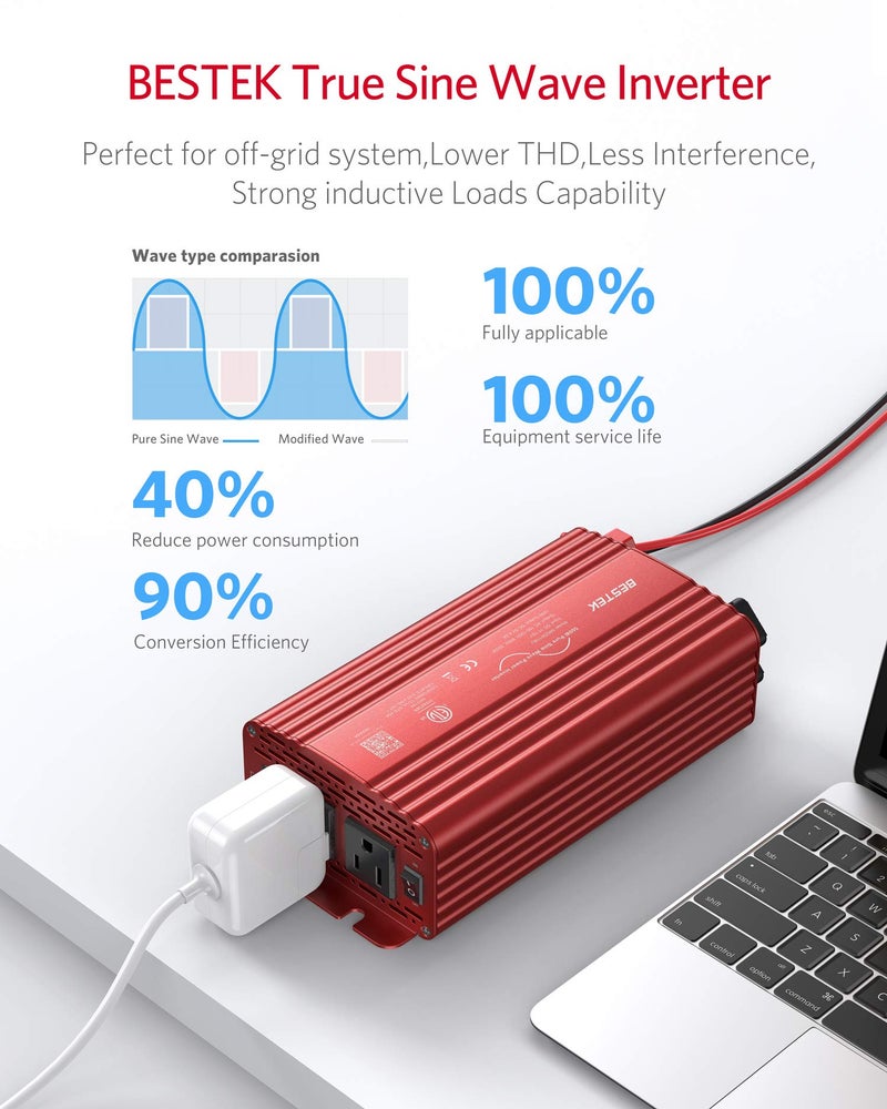 BESTEK 500W محول طاقة موجة جيبية نقية DC 12V إلى AC (2 مخرج) 110V شاحن سيارة قابس محول محول مع 4.2A منافذ شحن USB مزدوجة، مدرج في ETL - Image 2
