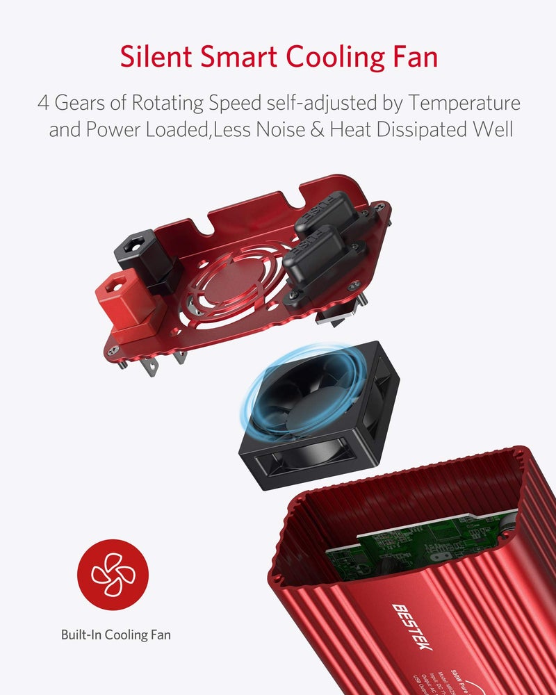 BESTEK 500W محول طاقة موجة جيبية نقية DC 12V إلى AC (2 مخرج) 110V شاحن سيارة قابس محول محول مع 4.2A منافذ شحن USB مزدوجة، مدرج في ETL - Image 5