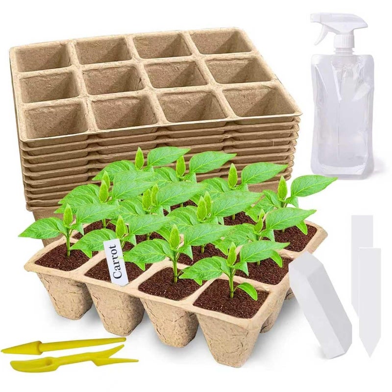 Doubleggs 120 Cells Seed Starter Tray, 10 Pack Biodegradable Peat Pots with 100 Labels, Plant Starter Kit for Seedlings - Image 1