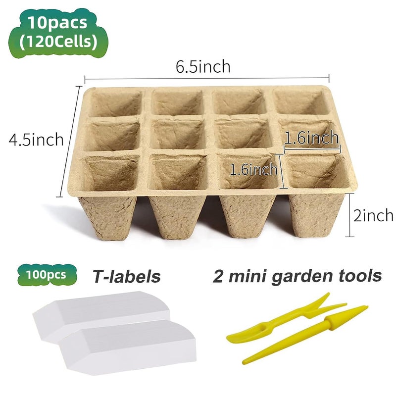 Doubleggs 120 Cells Seed Starter Tray, 10 Pack Biodegradable Peat Pots with 100 Labels, Plant Starter Kit for Seedlings - Image 2