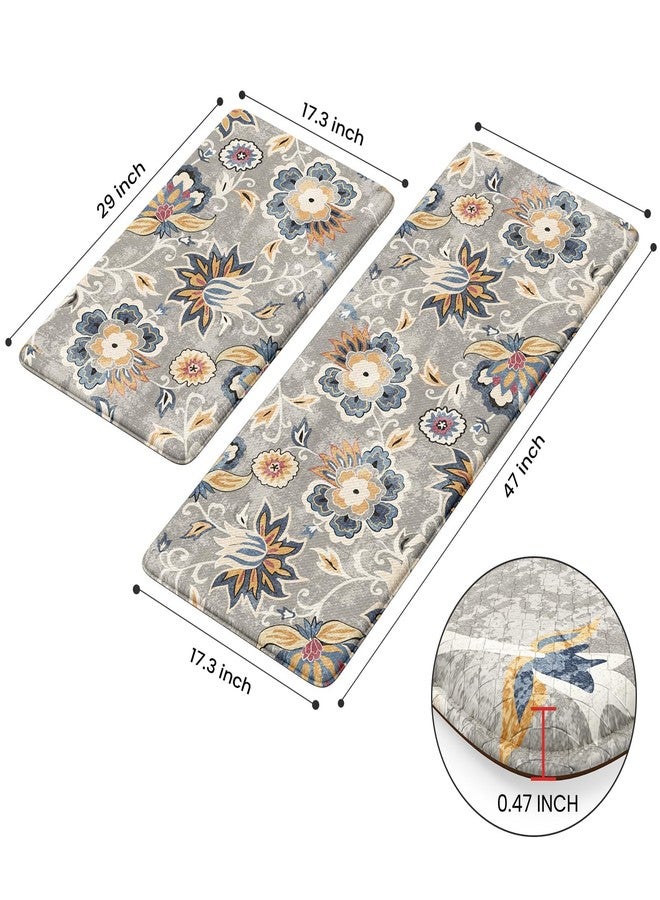LEEVAN Anti Fatigue Mats for Kitchen Floor 2 Piece,Cushioned Memory Foam Blue Gray Kitchen Mats for Floor,Comfort Floral Boho Non Slip Kitchen Floor Mat for Sink,Laundry,Office(17''x29''+17''x47'') - Image 4