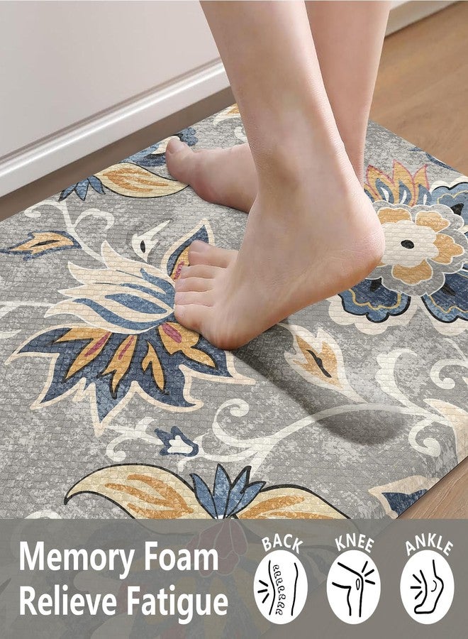 LEEVAN Anti Fatigue Mats for Kitchen Floor 2 Piece,Cushioned Memory Foam Blue Gray Kitchen Mats for Floor,Comfort Floral Boho Non Slip Kitchen Floor Mat for Sink,Laundry,Office(17''x29''+17''x47'') - Image 2