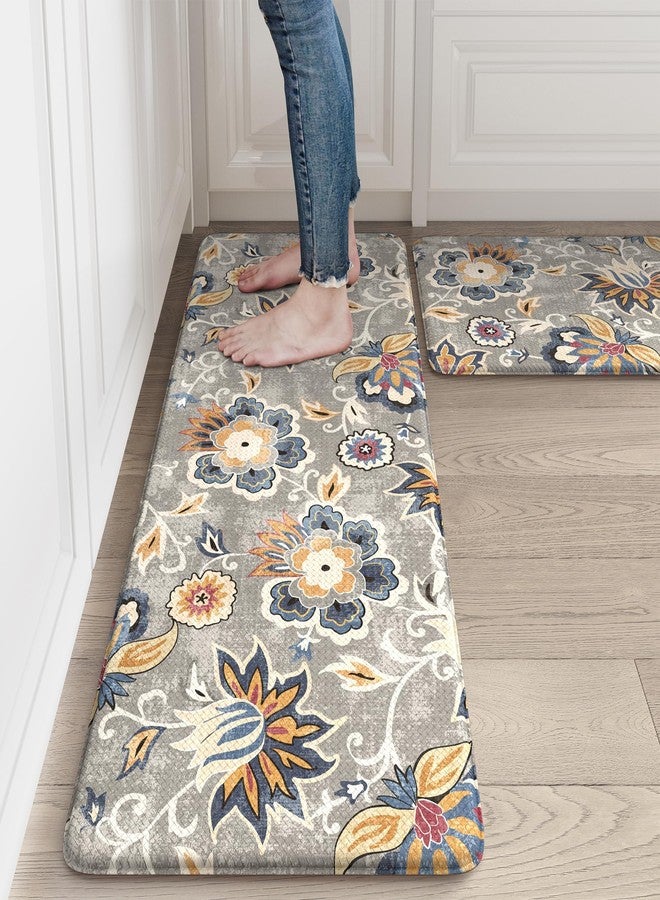 LEEVAN Anti Fatigue Mats for Kitchen Floor 2 Piece,Cushioned Memory Foam Blue Gray Kitchen Mats for Floor,Comfort Floral Boho Non Slip Kitchen Floor Mat for Sink,Laundry,Office(17''x29''+17''x47'') - Image 1