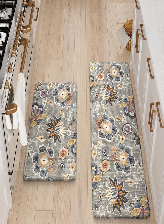 LEEVAN Anti Fatigue Mats for Kitchen Floor 2 Piece,Cushioned Memory Foam Blue Gray Kitchen Mats for Floor,Comfort Floral Boho Non Slip Kitchen Floor Mat for Sink,Laundry,Office(17''x29''+17''x47'') - Image 5