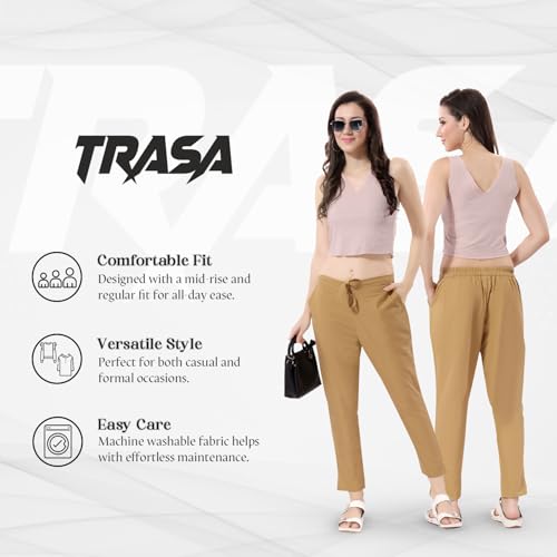TRASA Ultra Soft Cotton Regular and Plus 8 Colour Cotton Pants for Womens and Girls, Beige - L - Image 2