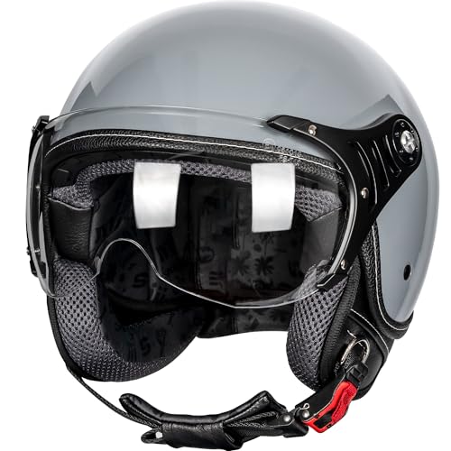 Yesmotor 3/4 Motorcycle Helmets Retro Open Face Scooters Helmet with Clear Visor for Men and Women- DOT Approved（Gray,S） - Image 1