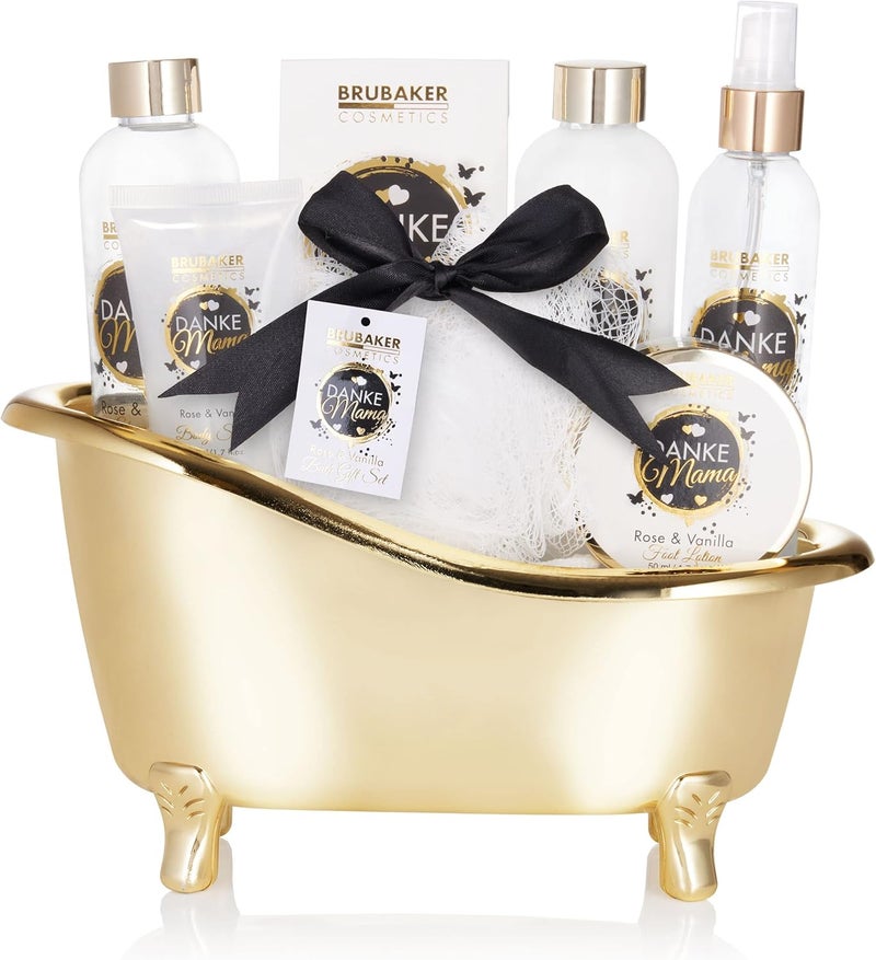 BRUBAKER Cosmetics Danke Mama Thank you Mum 8piece Luxury Bath and Shower Set with Rose Vanilla Scent Gift Set in Decorative Tub Bath Set Gift for Mother Gold White