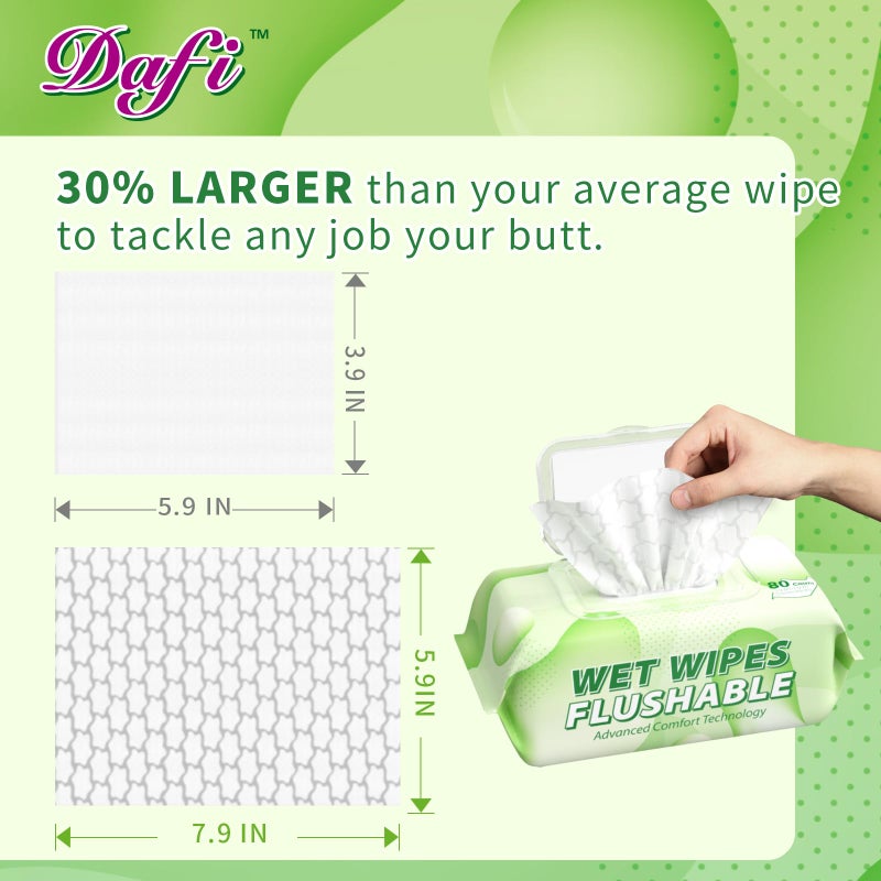 DAFI Flushable Wipes for Adult Wet Wipes, Total 720 Unscented Toilet Wipes Flushable, No Alcohol & 100% Plant Based Fibers, Septic and Sewer Safe Pack of 9 - Image 3
