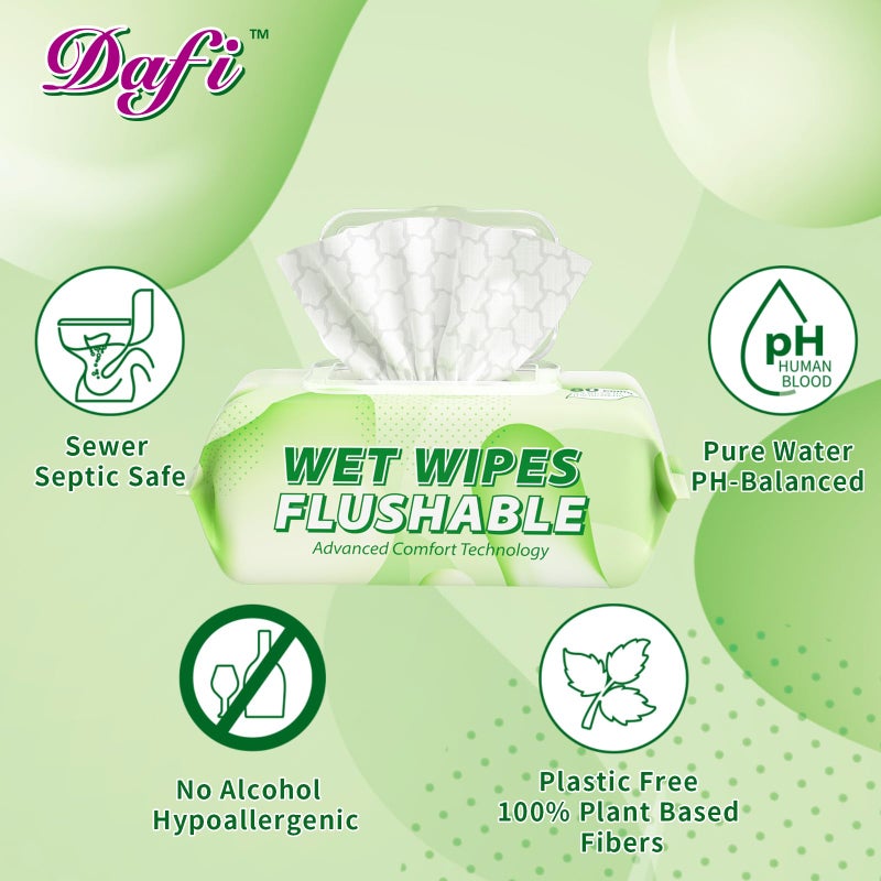 DAFI Flushable Wipes for Adult Wet Wipes, Total 720 Unscented Toilet Wipes Flushable, No Alcohol & 100% Plant Based Fibers, Septic and Sewer Safe Pack of 9 - Image 2