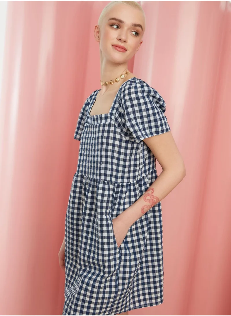 trendyol Square Neck Checked Dress