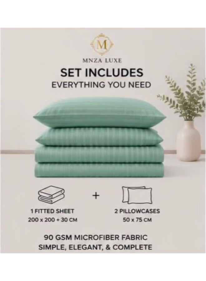 MNZA LUXE طقم ملاءة سرير مايكروفايبر مخططة بخطوط 1 سم، ملاءة سرير مطاطية واحدة + غطاءا وسادتين | فائقة النعومة، قابلة للتنفس ومقاومة للتجاعيد | أخضر بحري - Image 2