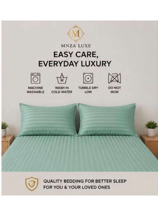 MNZA LUXE طقم ملاءة سرير مايكروفايبر مخططة بخطوط 1 سم، ملاءة سرير مطاطية واحدة + غطاءا وسادتين | فائقة النعومة، قابلة للتنفس ومقاومة للتجاعيد | أخضر بحري - Image 3