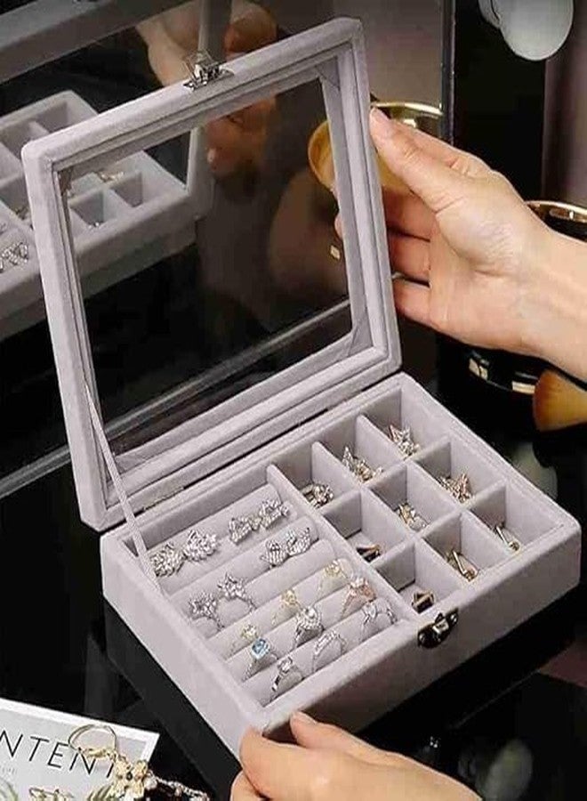CHALISA Velvet 2 in 1 Jewelry Organizer, 8 Row Display, Necklaces and Earrings Storage Box, Holder Stackable Display Showcase Lockable Jewelry Storage Tray Gifts for Girls Women (Grey) - Image 4