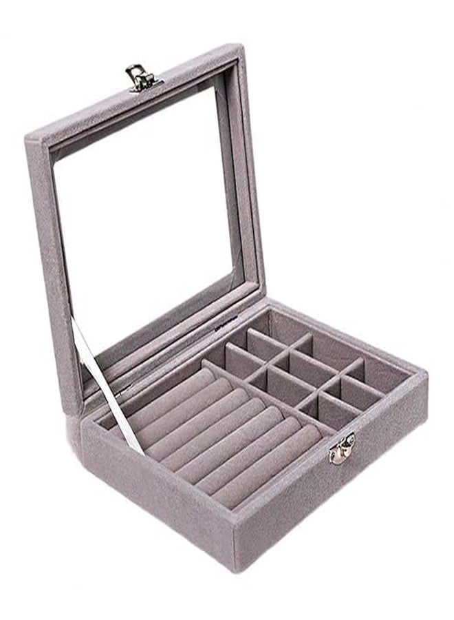 CHALISA Velvet 2 in 1 Jewelry Organizer, 8 Row Display, Necklaces and Earrings Storage Box, Holder Stackable Display Showcase Lockable Jewelry Storage Tray Gifts for Girls Women (Grey) - Image 1