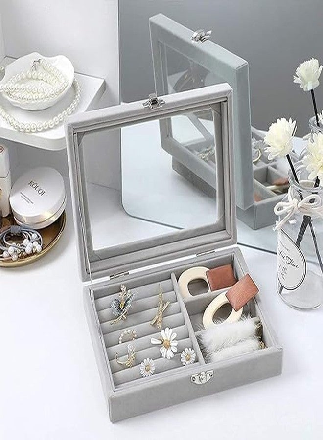 CHALISA Velvet 2 in 1 Jewelry Organizer, 8 Row Display, Necklaces and Earrings Storage Box, Holder Stackable Display Showcase Lockable Jewelry Storage Tray Gifts for Girls Women (Grey) - Image 5