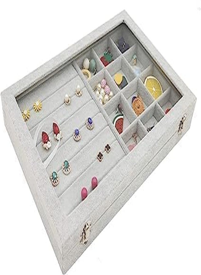 CHALISA Velvet 2 in 1 Jewelry Organizer, 8 Row Display, Necklaces and Earrings Storage Box, Holder Stackable Display Showcase Lockable Jewelry Storage Tray Gifts for Girls Women (Grey) - Image 3