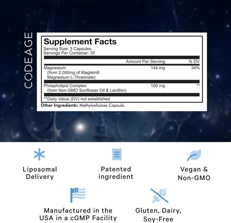 Codeage Liposomal Magnesium LThreonate Supplement Patented Magtein Magnesium Threonate for Brain Health Memory and Cognitive Function Support Bioavailable NonGMO  90 Capsules - Image 2
