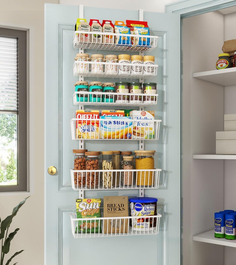 Mefirt Over The Door Pantry Organizer, Pantry Organization and Storage, 6-Tier Deep Baskets Hanging Heavy-Duty Metal, Wall Spice Rack Seasoning Shelves for Home & Kitchen, Laundry Room Bathroom, White - Image 1