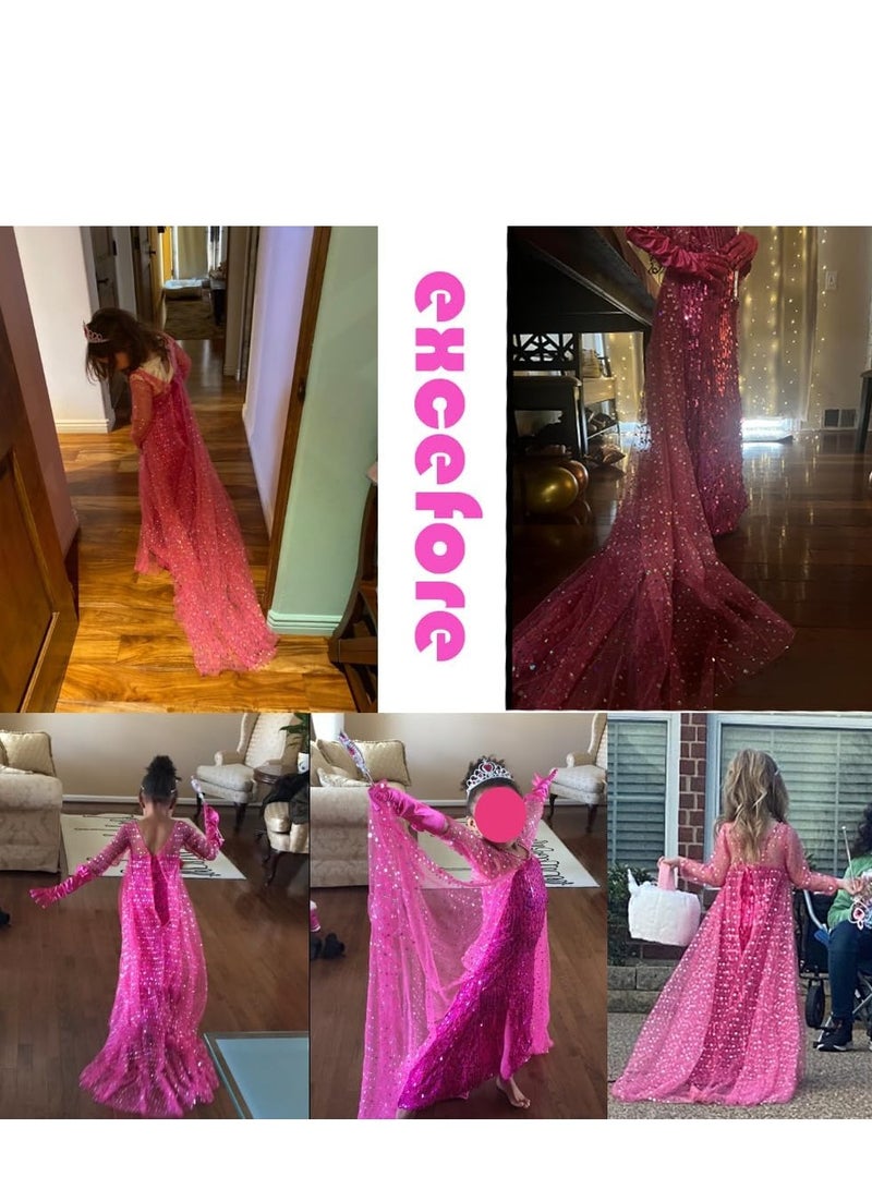 Barakah Girls Princess Dress Costume with Shining Long Cape Girls Birthday Party, 130cm, Pink - Image 3