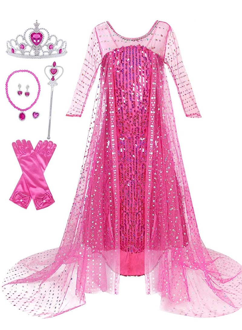Barakah Girls Princess Dress Costume with Shining Long Cape Girls Birthday Party, 130cm, Pink - Image 1
