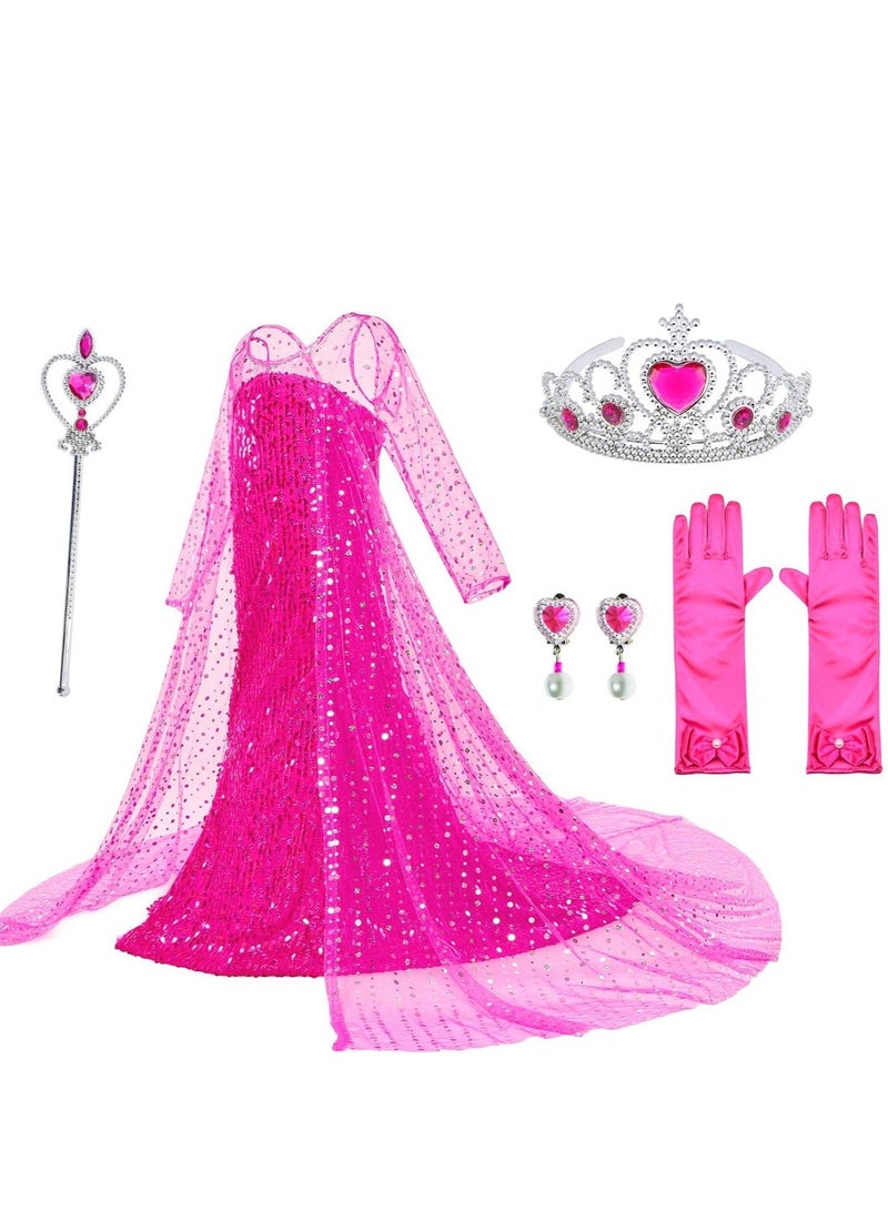 Barakah Girls Princess Dress Costume with Shining Long Cape Girls Birthday Party, 130cm, Pink - Image 4
