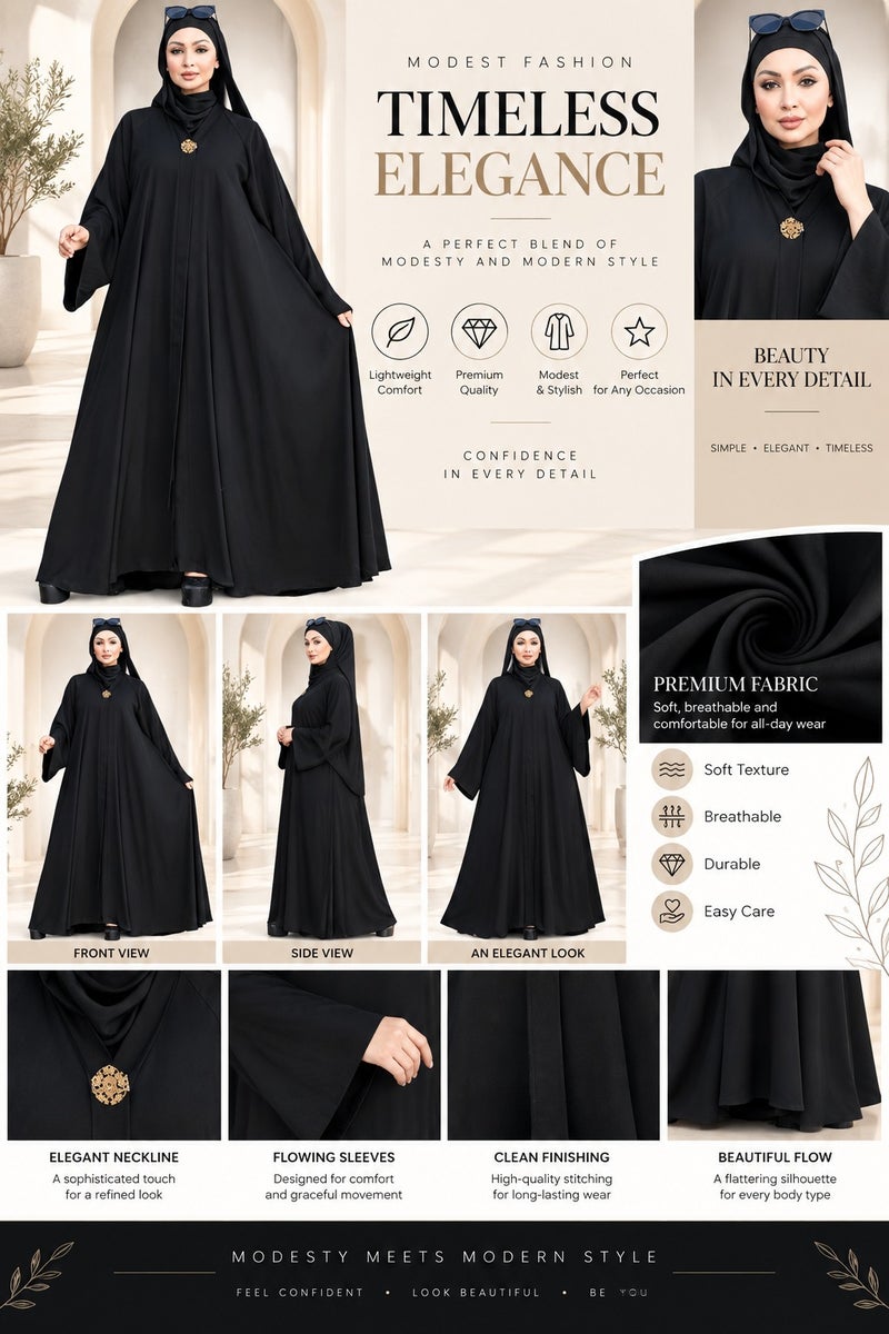 Elegant Black Long Women's Abaya with Wide Design, Ideal for Daily & Formal Occasions, Made from Soft Breathable Fabric, Classic Black Color - Size 3x - Image 5