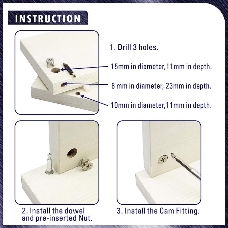 Teclican 3-in-1 Furniture Connecting Kit, Furniture Connecting Cam Lock Fittings, Cam Lock Nuts and Cam Screws- Pack of - (10) - Image 5
