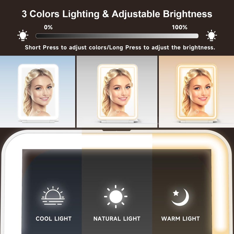 Mocado LED Foldable Travel Makeup Mirror - 5x7 inches 3 Colors Light Modes USB Rechargeable Touch Screen, Portable Tabletop Cosmetic Mirror for Travel, Cosmetic, Office (White) - Image 5