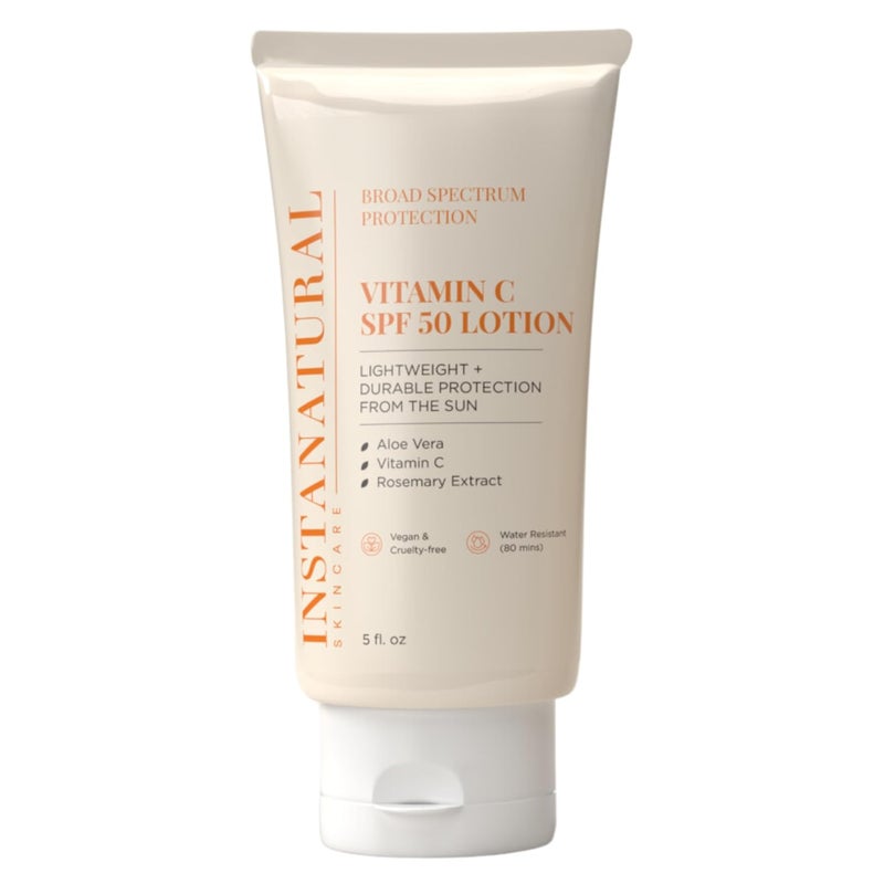 InstaNatural Skin Care Vitamin C SPF 50 Broad Spectrum Sunscreen Lotion Brightening Lightweight NonGreasy Moisturizer for Body  Face UVA UVB Sunblock with Aloe Vera  Botanicals 5 Fl Oz