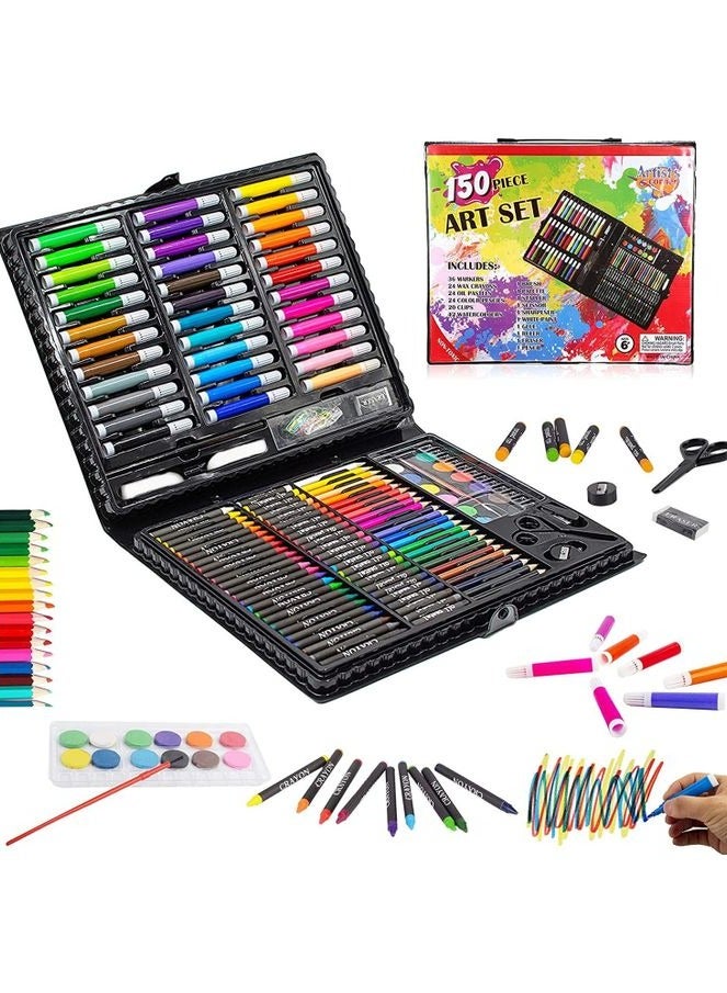 طقم فنون مكون من 150 قطعة، أدوات الرسم والتلوين مع صندوق فني محمول، ألوان زيتية، أقلام شمع، أقلام ملونة، علامات، كعكات مائية - Image 1