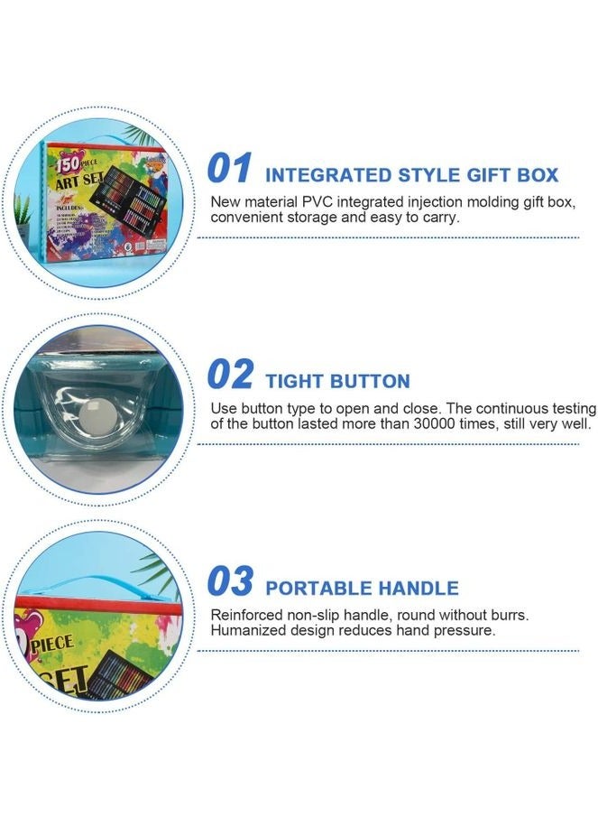 طقم فنون مكون من 150 قطعة، أدوات الرسم والتلوين مع صندوق فني محمول، ألوان زيتية، أقلام شمع، أقلام ملونة، علامات، كعكات مائية - Image 2