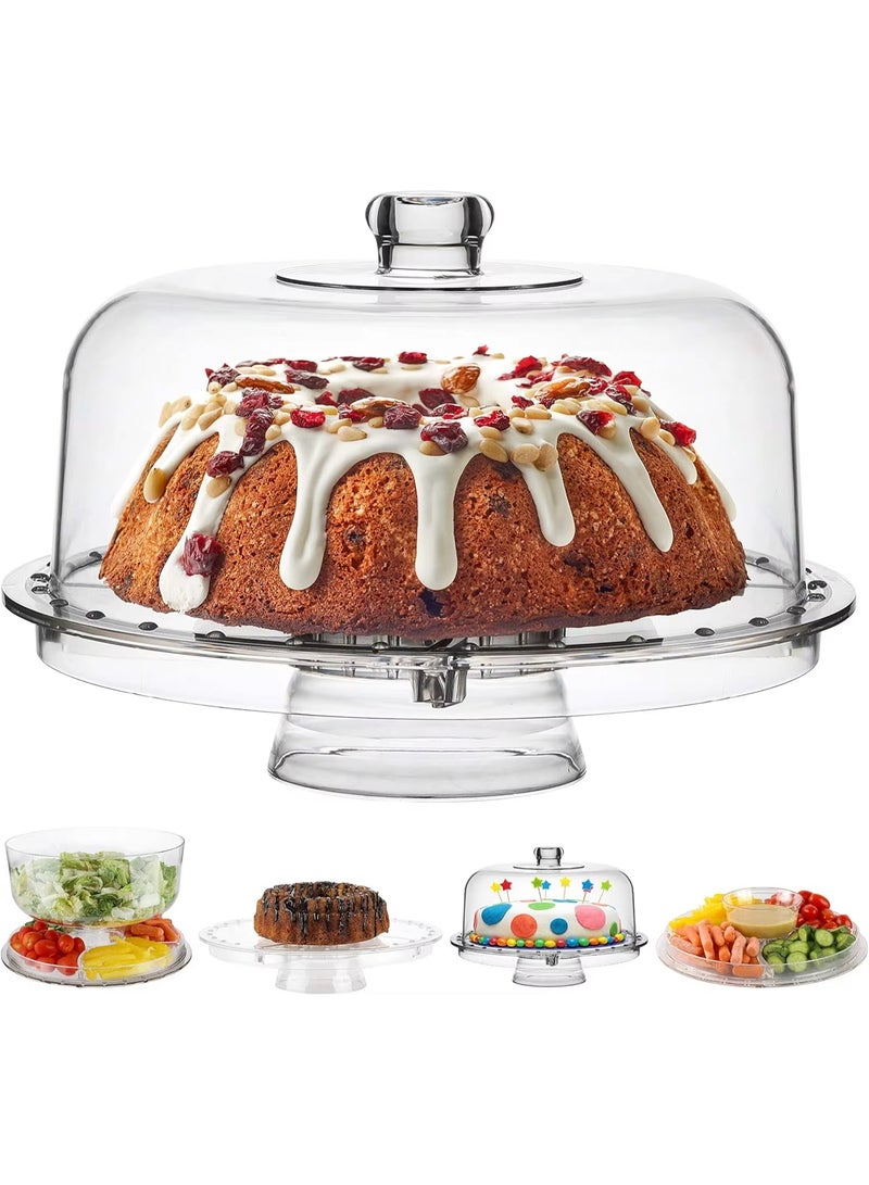 DUNISO Multi-Function Acrylic Cake Stand With Lid Clear，Use as Salad Bowl/Veggie Platter/Punch bowl/Desert Platter/Nachos & Salsa Plate  - Image 1