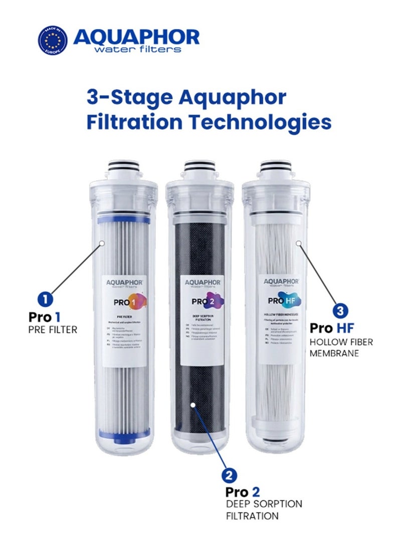 Aquaphor نظام فلتر المياه تحت الحوض ECO Pro مع صنبور - جهاز تنقية مياه المطبخ 3 مراحل، فلترة مضادة للبكتيريا من الألياف المجوفة، يزيل الكلور والمعادن الثقيلة والسموم، سعة 10000 لتر مع معدل تدفق 2.5 لتر/دقيقة - Image 2