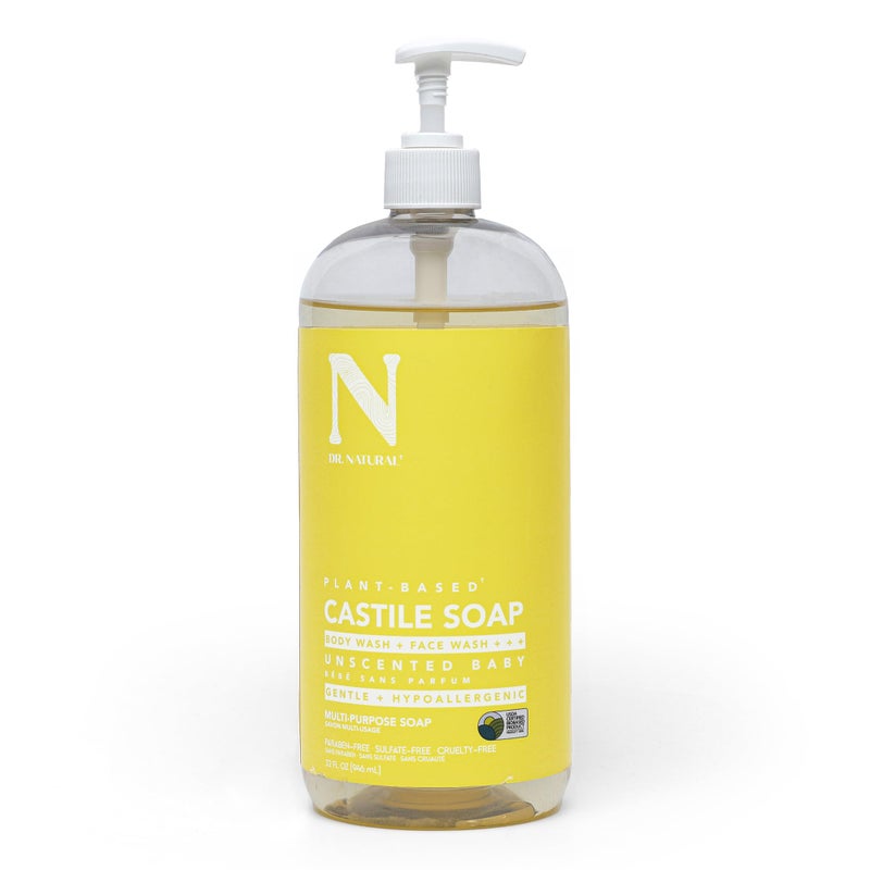 Dr. Natural Castile Liquid Soap - Multi-Use Body Wash, Shampoo and Face Wash - Body Soap for Skin, Hair, Pets and Home - Unscented Baby - 32 oz. - Image 1