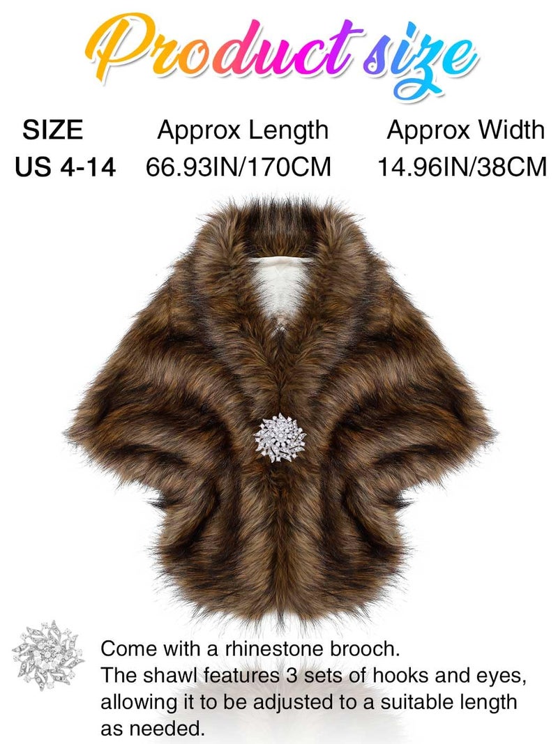 GORAIS Women's Wedding Faux Fur Shawls and Wraps Bridal Fur Scarf Stoles with Brooch for Bride and Bridesmaids (US 4-14(S-M), A Brown) - Image 5