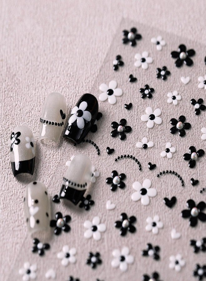 Generic Black & White 3D Flower Nail Stickers, 4 Sheets, Plastic, Floral Style, Nail Stickers - Image 1