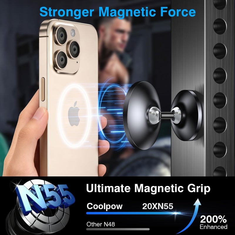 Coolpow Gym Magnetic Phone Holder Mount for MagSafeã€All Metalã€‘Dual Magnetic Phone Holder for Gym Accessories Attach to Metal Surface, Gym Phone Holder Magnet for iPhone 16 15 14 13 Pro Max Gift for Men Women - Image 5