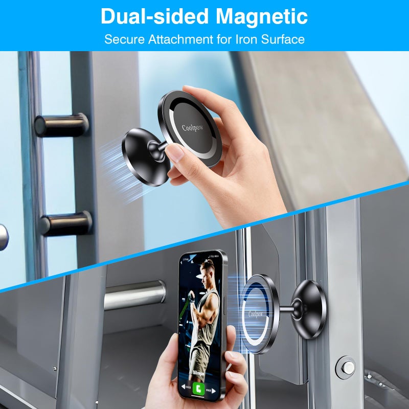 Coolpow Gym Magnetic Phone Holder Mount for MagSafeã€All Metalã€‘Dual Magnetic Phone Holder for Gym Accessories Attach to Metal Surface, Gym Phone Holder Magnet for iPhone 16 15 14 13 Pro Max Gift for Men Women - Image 4