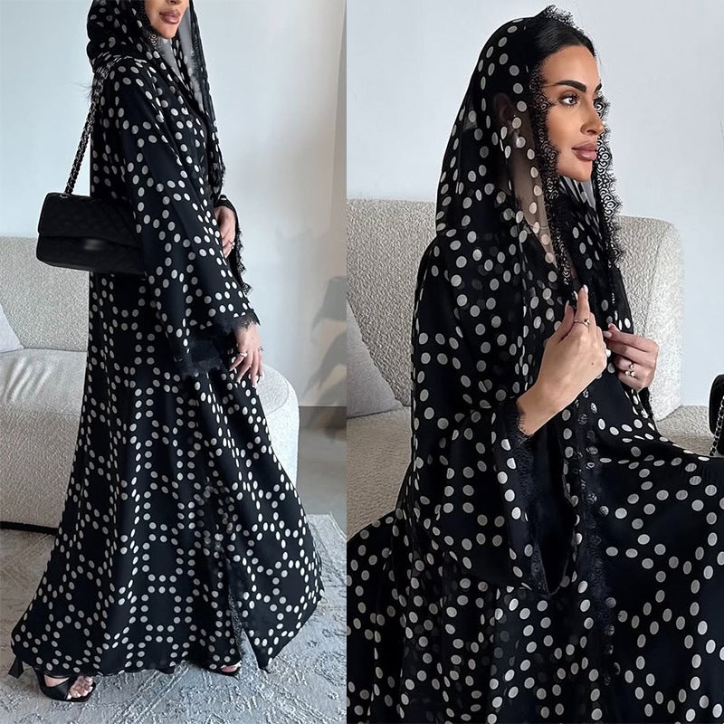 فستان نسائي من الشيفون المنقوش بنقاط البولكا مع دانتيل ووشاح - Image 4