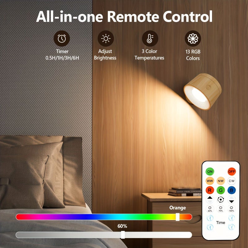 LED Wall Sconces 2 Pack Wood Color 16 Colors Dimmable Rechargeable Touch Remote Control Cordless Lamp - Image 2