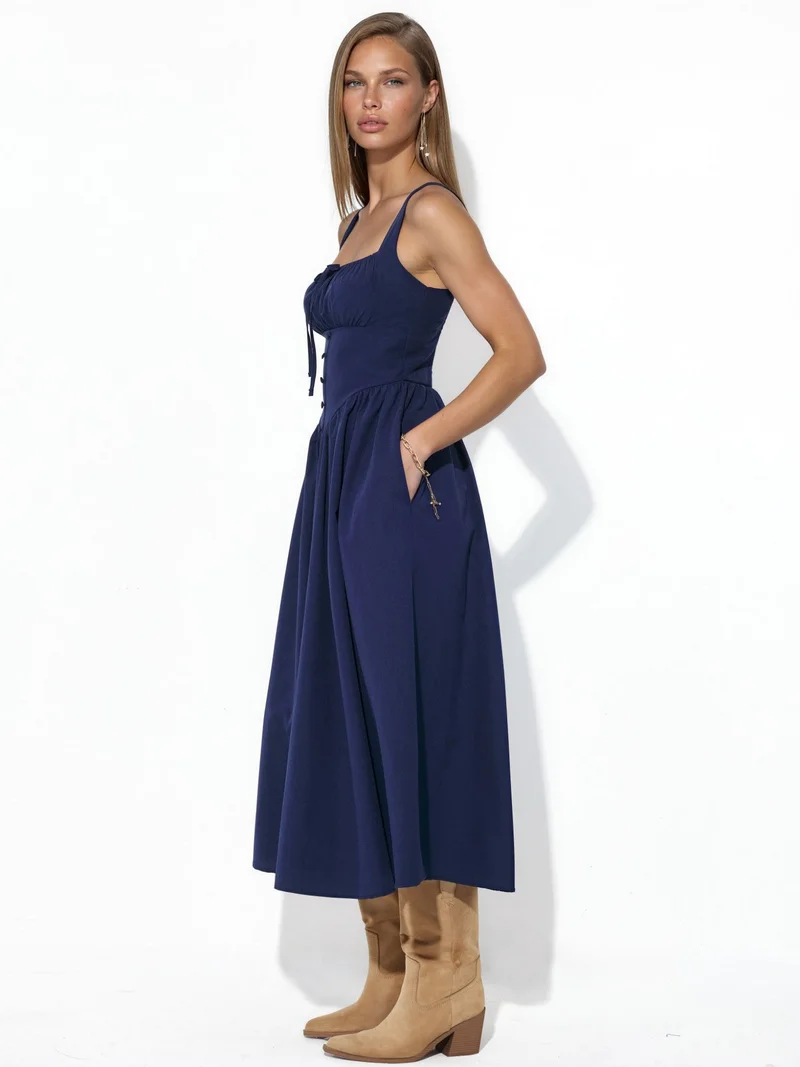 بوسيم BUSEM Midi Dress with Square Collar and Button Detail