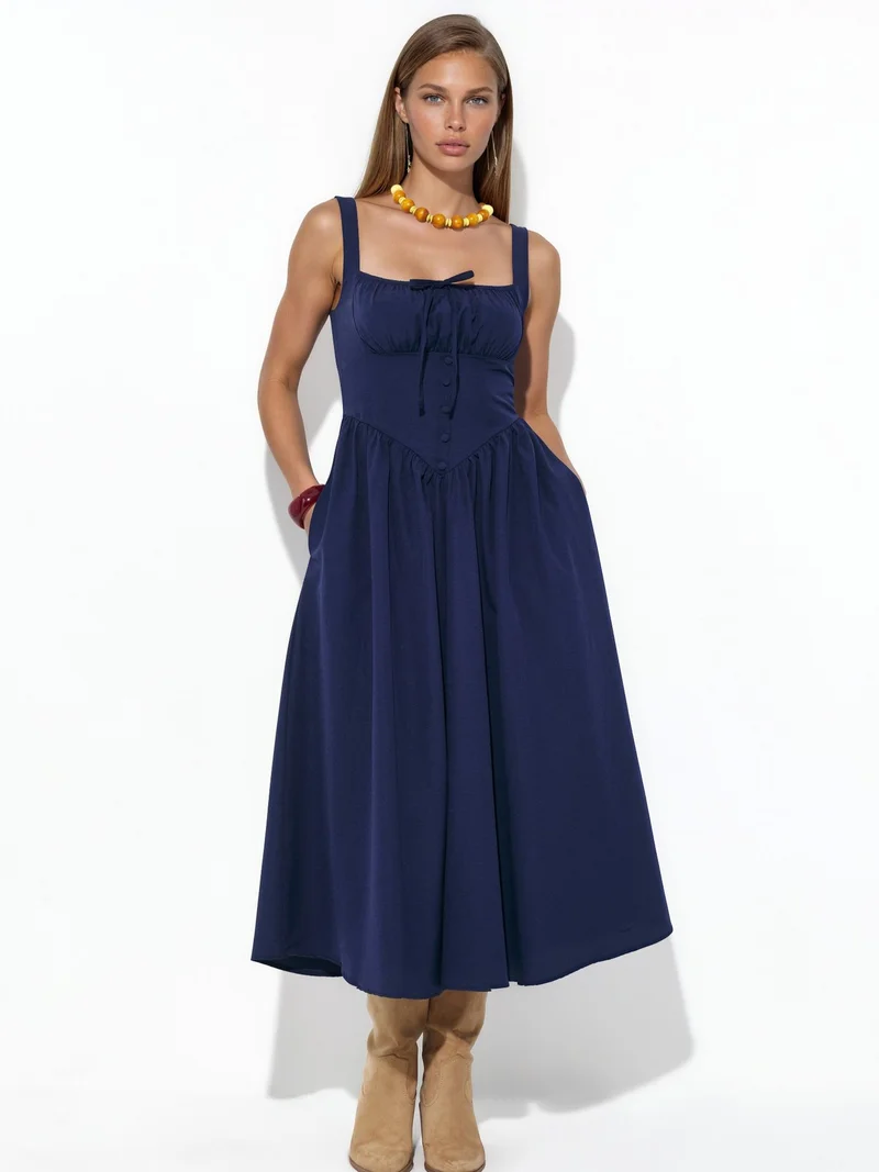 بوسيم BUSEM Midi Dress with Square Collar and Button Detail