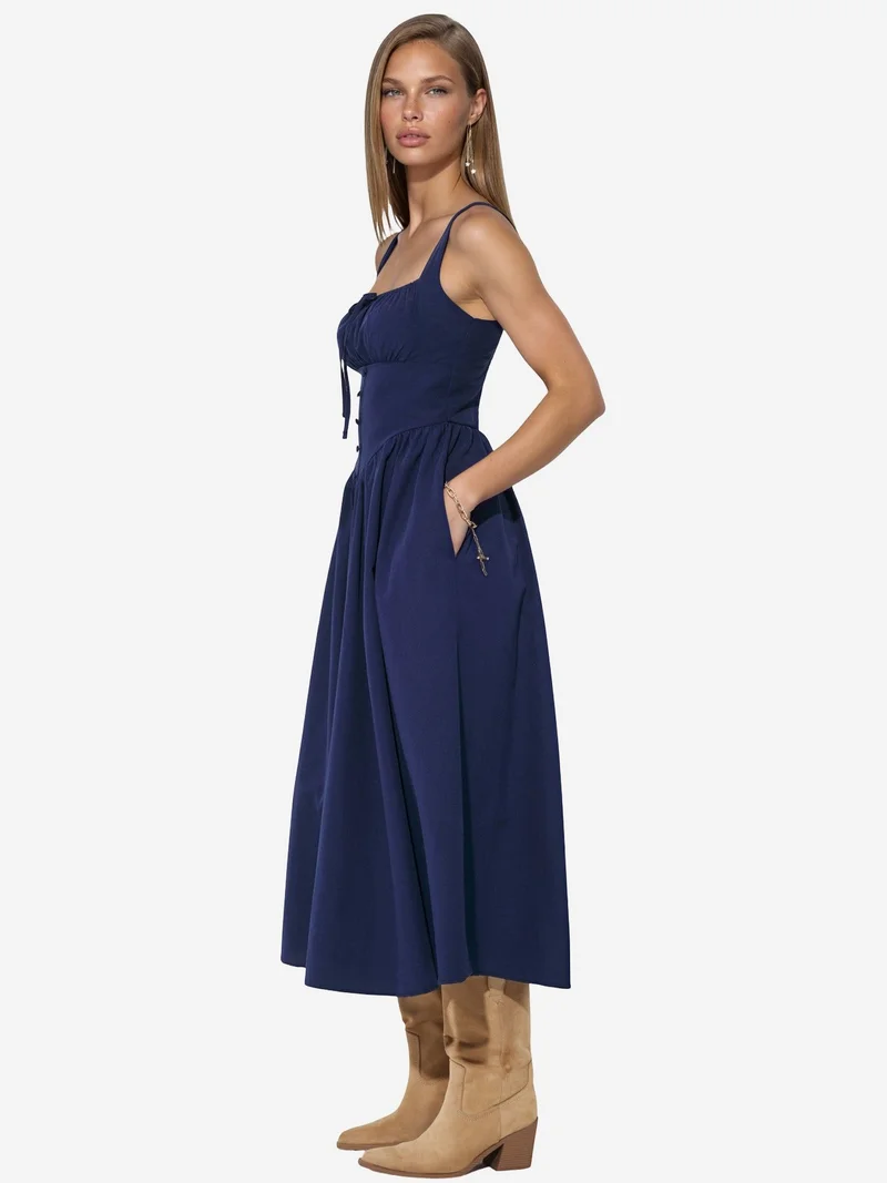 بوسيم BUSEM Midi Dress with Square Collar and Button Detail